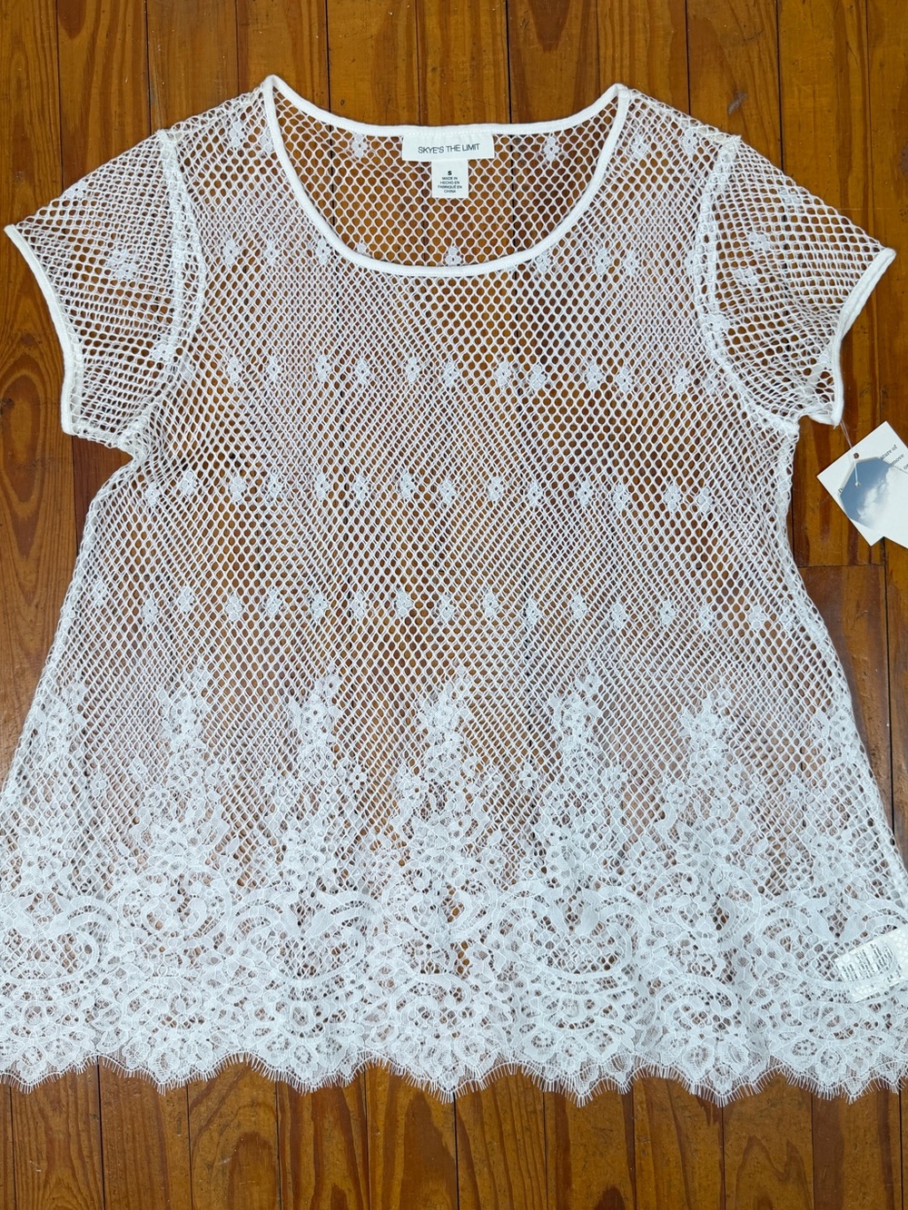 White Sheer Lace Mesh Crochet Short Sleeve Top Fishnet Small Beach Cover-up